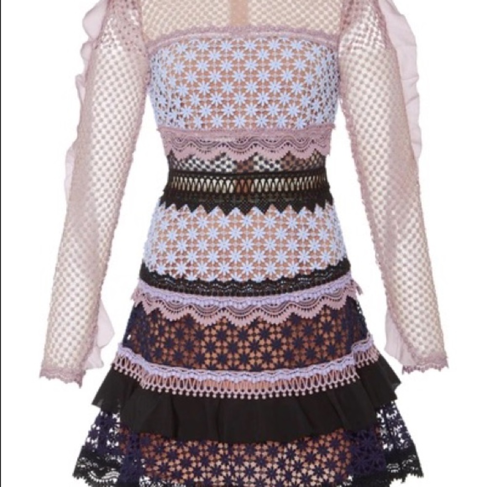 Self Portrait Bellis Lace Trim Dress | Size 0 | Blue and Pink
